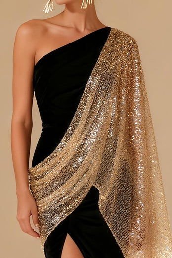 Sparkly Black One Shoulder Mermaid Maxi Formal Dress with Slit