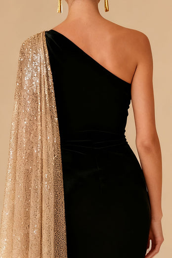 Sparkly Black One Shoulder Mermaid Maxi Formal Dress with Slit