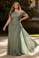 Load image into Gallery viewer, Chiffon Dusty Sage Plus Size Ruched Maxi Formal Dress with Side Cape