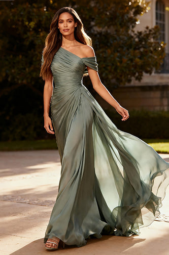 Dusty Sage Ruched Chiffon Maxi Formal Dress with Side Cape