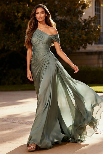 Dusty Sage Ruched Chiffon Maxi Formal Dress with Side Cape