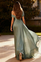 Load image into Gallery viewer, Dusty Sage Ruched Chiffon Maxi Formal Dress with Side Cape