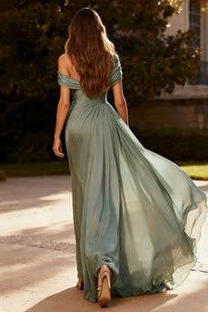 Dusty Sage Ruched Chiffon Maxi Formal Dress with Side Cape