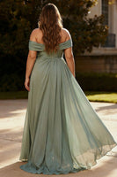 Load image into Gallery viewer, Chiffon Dusty Sage Plus Size Ruched Maxi Formal Dress with Side Cape