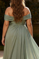 Load image into Gallery viewer, Chiffon Dusty Sage Plus Size Ruched Maxi Formal Dress with Side Cape