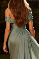 Load image into Gallery viewer, Dusty Sage Ruched Chiffon Maxi Formal Dress with Side Cape
