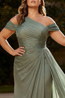 Load image into Gallery viewer, Chiffon Dusty Sage Plus Size Ruched Maxi Formal Dress with Side Cape