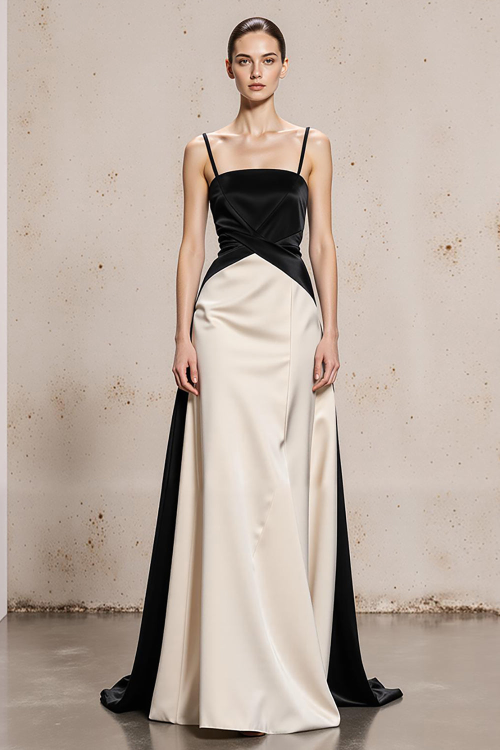 Black and White Spaghetti Straps Satin Maxi Formal Dress