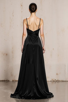 Black and White Spaghetti Straps Satin Maxi Formal Dress