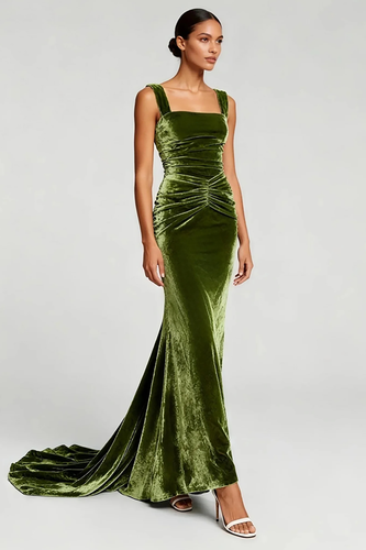 Simple Olive Velvet Mermaid Maxi Formal Dress