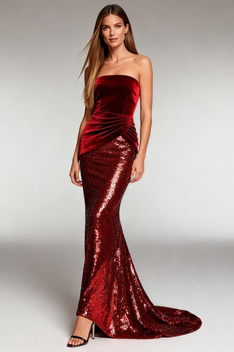 Sparkly Burgundy Strapless Long Sequin Formal Dress