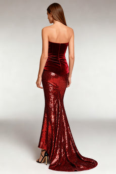 Sparkly Burgundy Strapless Long Sequin Formal Dress