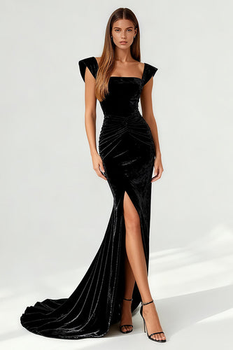 Simple Black Ruched Mermaid Maxi Formal Dress with Slit