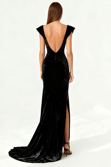 Simple Black Ruched Mermaid Maxi Formal Dress with Slit