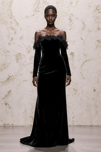 Black Off the Shoulder Velvet Long Sleeves Sheath Holiday Party Dress with Lace