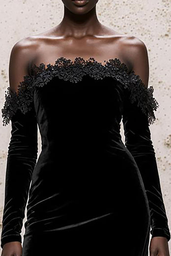 Black Off the Shoulder Velvet Long Sleeves Sheath Holiday Party Dress with Lace