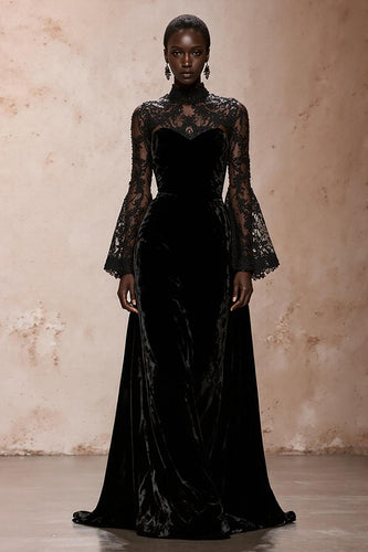 Black Sheath High Neck Velvet Long Sleeves Holiday Party Dress with Lace