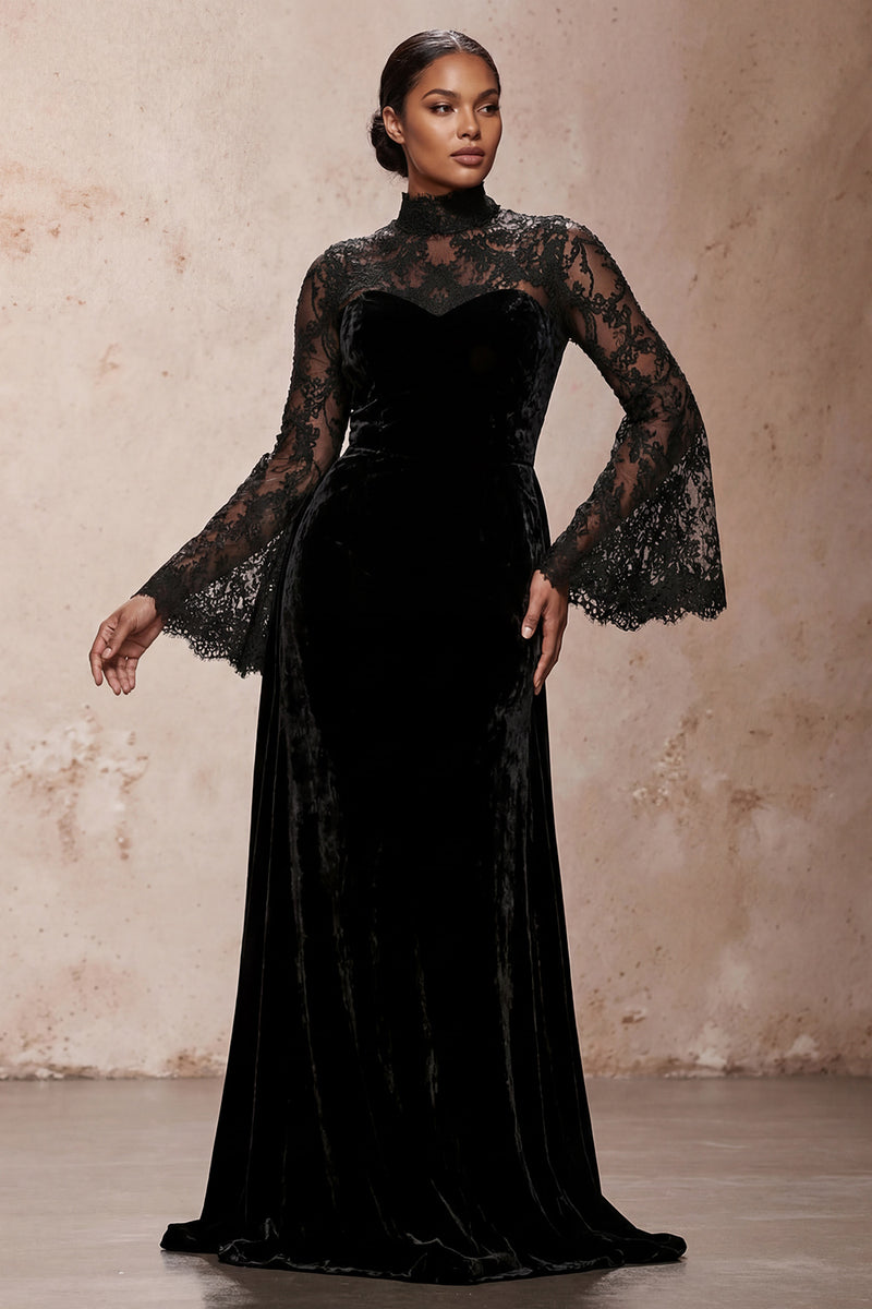 Load image into Gallery viewer, Black Sheath High Neck Velvet Long Sleeves Holiday Party Dress with Lace