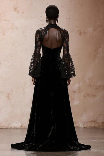 Black Sheath High Neck Velvet Long Sleeves Holiday Party Dress with Lace