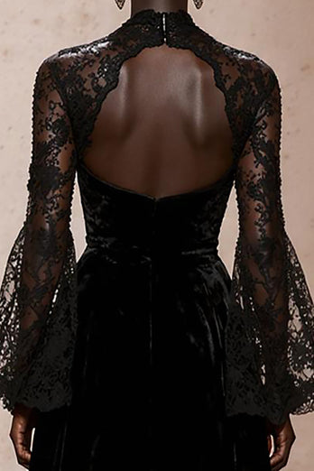Black Sheath High Neck Velvet Long Sleeves Holiday Party Dress with Lace