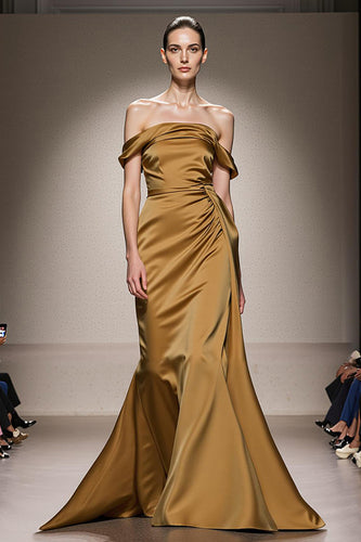 Yellow Satin Off the Shoulder Mermaid Ruched Long Formal Dress