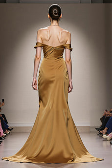 Yellow Satin Off the Shoulder Mermaid Ruched Long Formal Dress