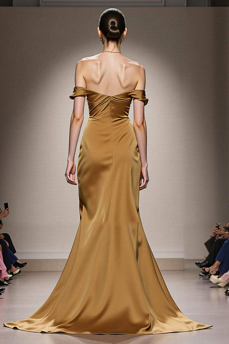 Load image into Gallery viewer, Yellow Satin Off the Shoulder Mermaid Ruched Long Formal Dress