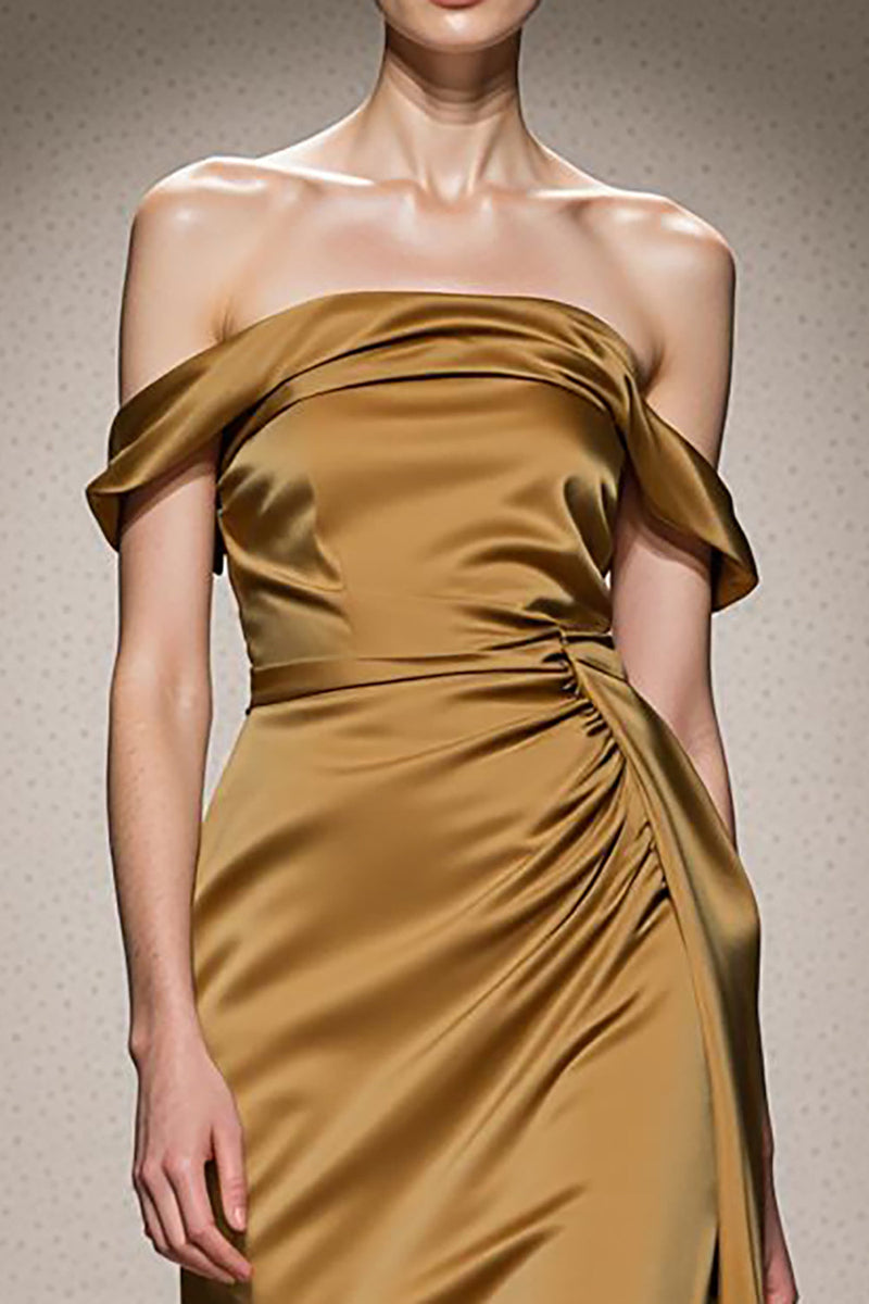 Load image into Gallery viewer, Yellow Satin Off the Shoulder Mermaid Ruched Long Formal Dress