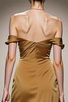 Load image into Gallery viewer, Yellow Satin Off the Shoulder Mermaid Ruched Long Formal Dress