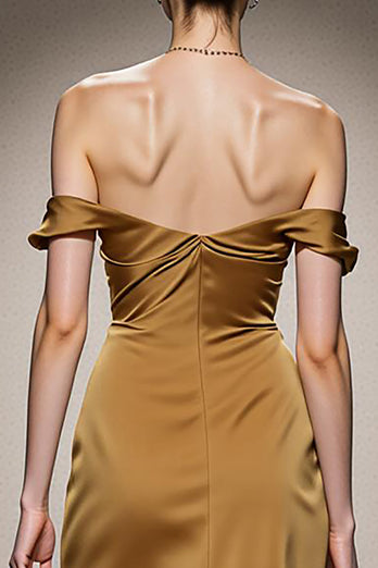 Yellow Satin Off the Shoulder Mermaid Ruched Long Formal Dress