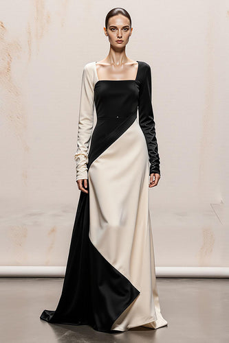 Black and White Sheath Satin Square Neck Long Sleeves Formal Dress