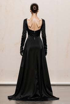 Black and White Sheath Satin Square Neck Long Sleeves Formal Dress