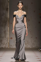 Load image into Gallery viewer, Silver Mermaid Off the Shoulder Satin Long Formal Dress