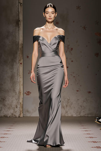 Silver Mermaid Off the Shoulder Satin Long Formal Dress