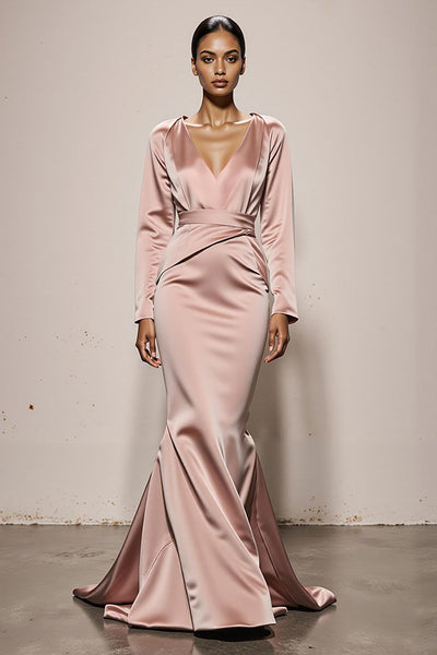 Light Pink Mermaid Satin Backless V-Neck Long Sleeves Formal Dress