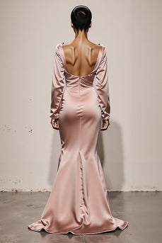 Light Pink Mermaid Satin Backless V-Neck Long Sleeves Formal Dress