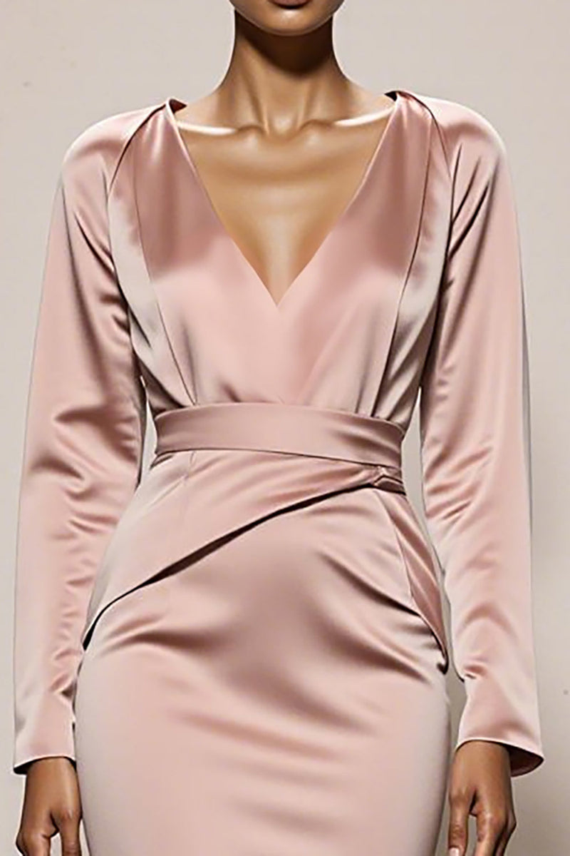 Load image into Gallery viewer, Light Pink Mermaid Satin Backless V-Neck Long Sleeves Formal Dress