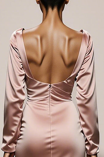 Light Pink Mermaid Satin Backless V-Neck Long Sleeves Formal Dress