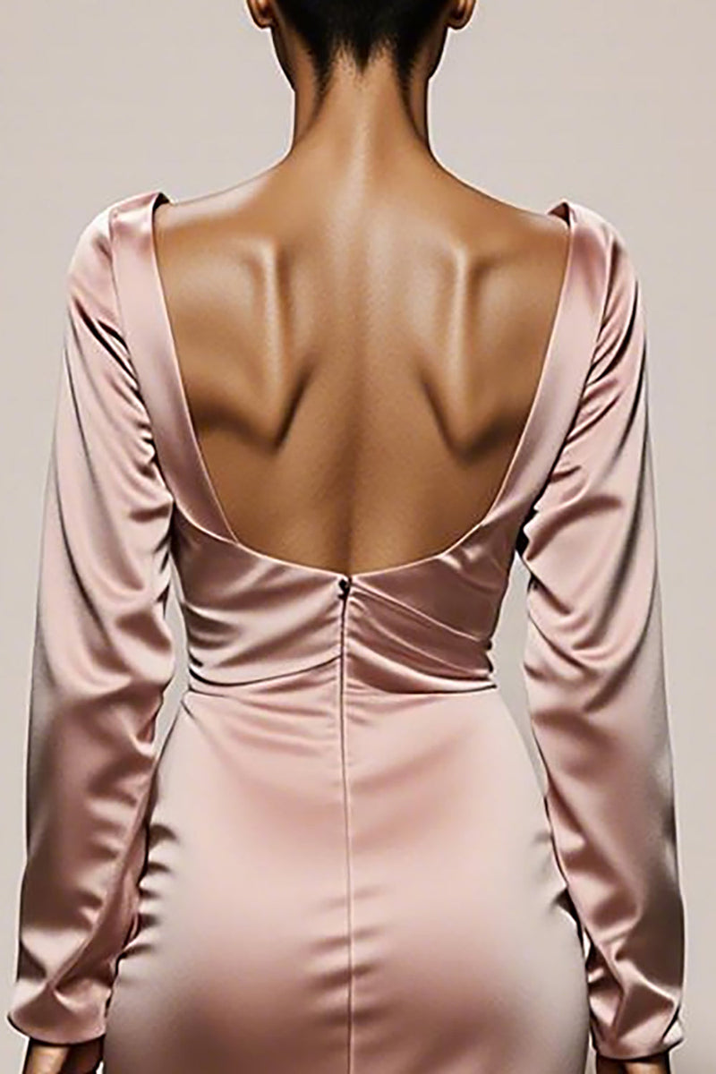 Load image into Gallery viewer, Light Pink Mermaid Satin Backless V-Neck Long Sleeves Formal Dress