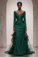 Load image into Gallery viewer, Dark Green Satin Sweetheart Mermaid Long Sleeves Formal Dress with Ruffles
