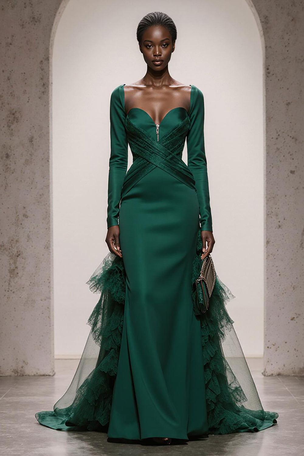 Dark Green Satin Sweetheart Mermaid Long Sleeves Formal Dress with Ruffles