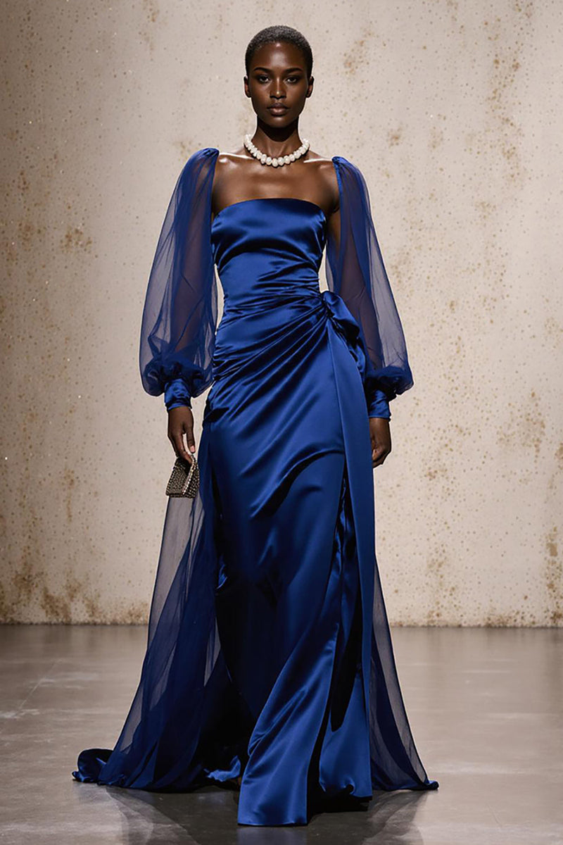 Load image into Gallery viewer, Royal Blue Mermaid Ruched Satin Long Sleeves Formal Dress with Sash