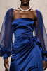 Load image into Gallery viewer, Royal Blue Mermaid Ruched Satin Long Sleeves Formal Dress with Sash