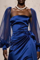 Load image into Gallery viewer, Royal Blue Mermaid Ruched Satin Long Sleeves Formal Dress with Sash