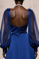 Load image into Gallery viewer, Royal Blue Mermaid Ruched Satin Long Sleeves Formal Dress with Sash