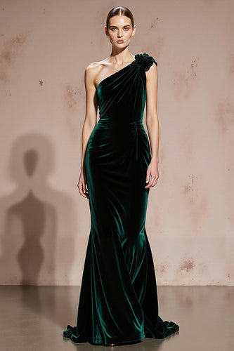 Dark Green Mermaid Velvet One Shoulder Maxi Holiday Party Dress with 3D Flower