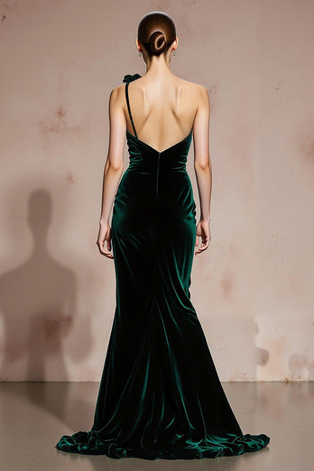 Dark Green Mermaid Velvet One Shoulder Maxi Holiday Party Dress with 3D Flower