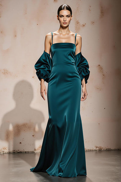 Peacock Blue Satin Spaghetti Straps Mermaid Long Formal Dress with Sleeves