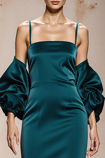 Peacock Blue Satin Spaghetti Straps Mermaid Long Formal Dress with Sleeves