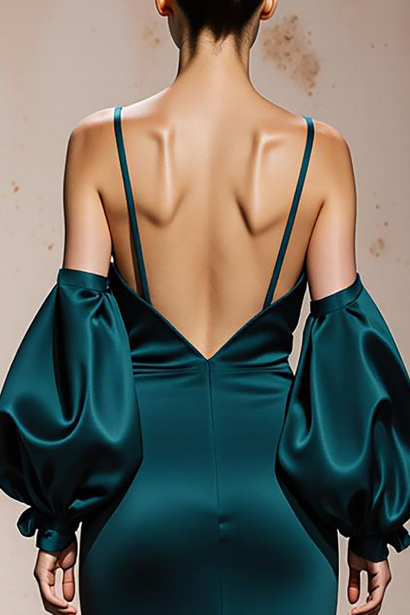Load image into Gallery viewer, Peacock Blue Satin Spaghetti Straps Mermaid Long Formal Dress with Sleeves